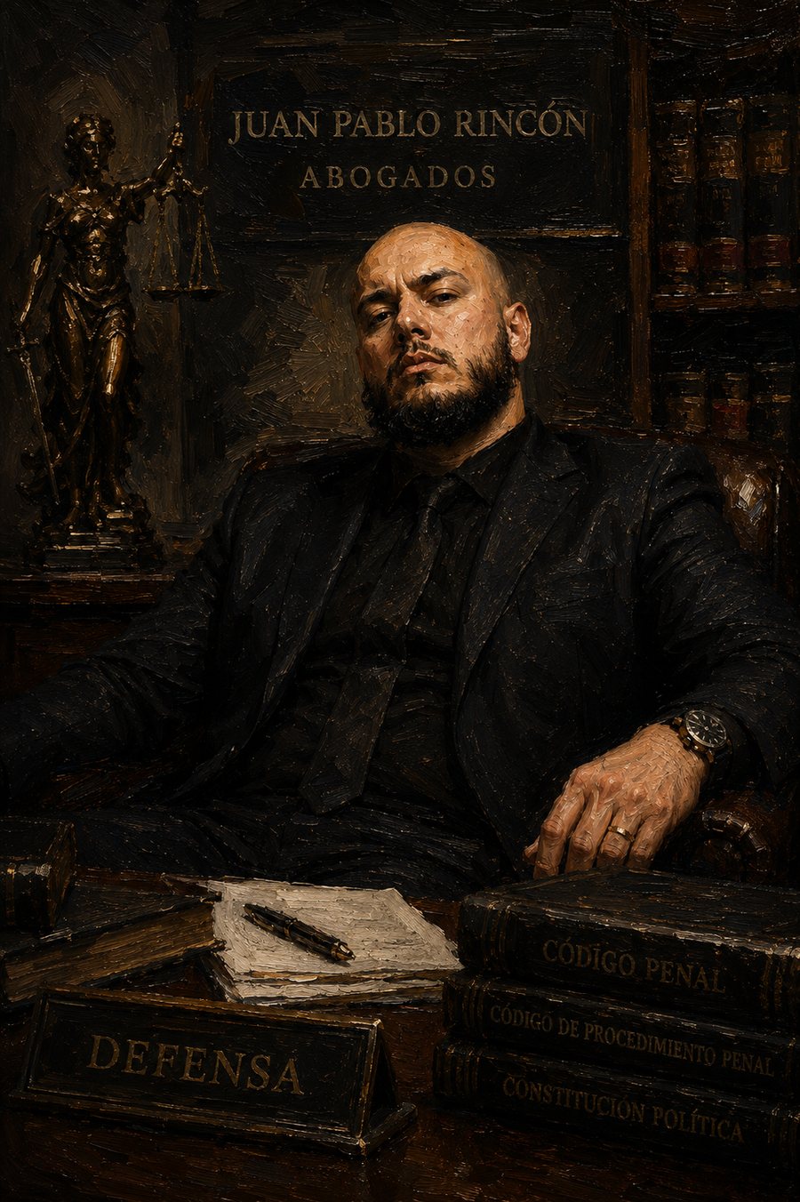 Retrato al óleo de Juan Pablo Rincón Cardona en su despacho